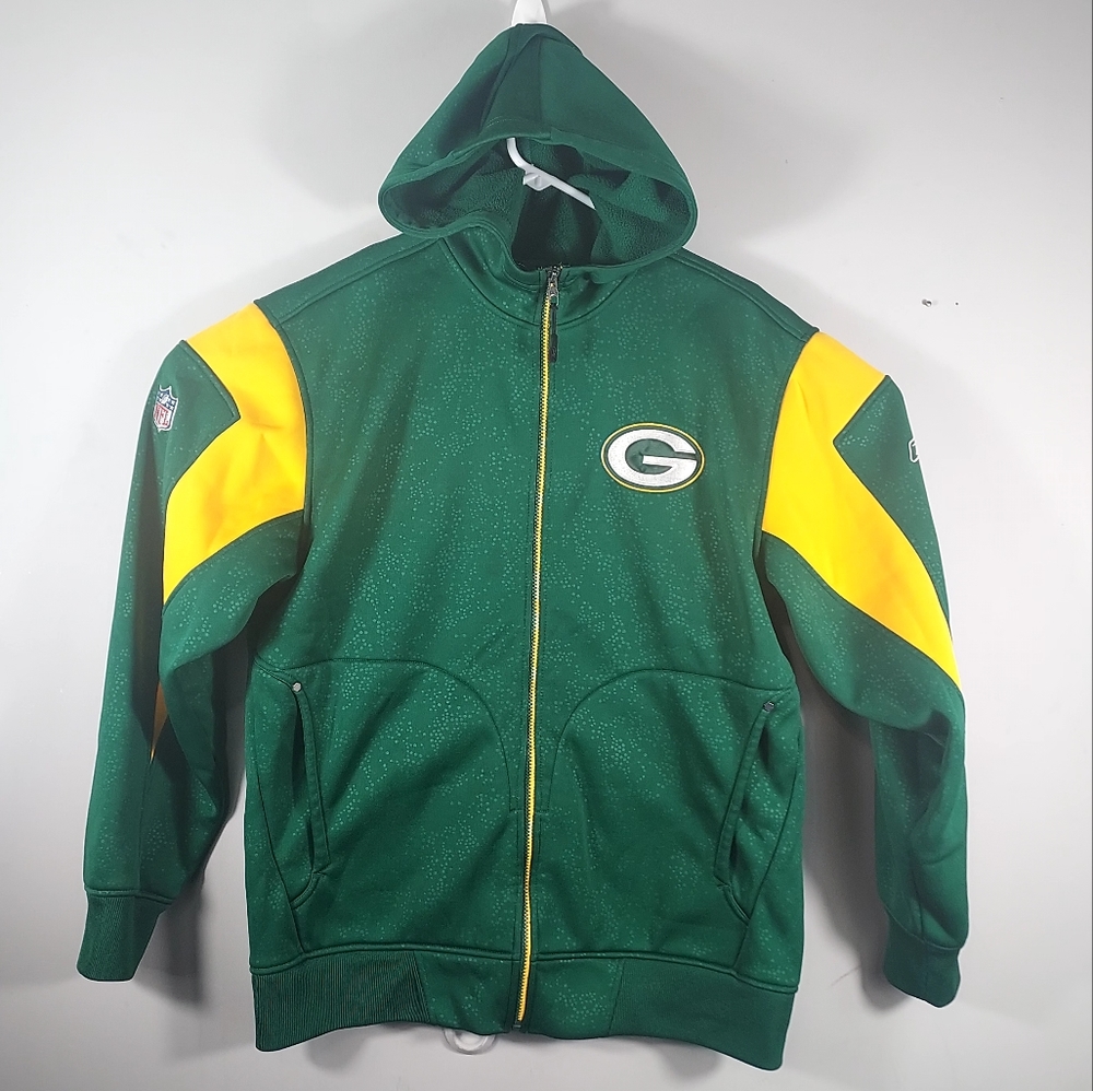 VTG Reebok Green Bay Packers On Field Zip Up Hoodie Mens Large Green Yellow EUC